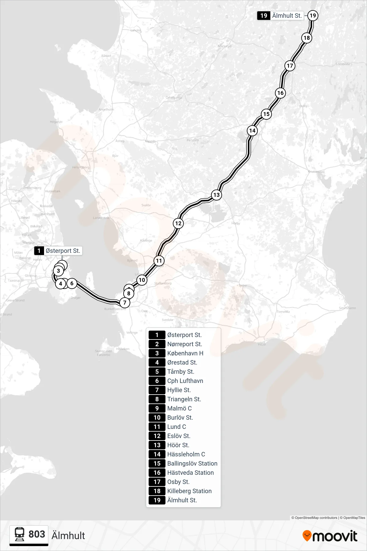 803 jernbane Linje (Älmhult) rute og stop på et kort