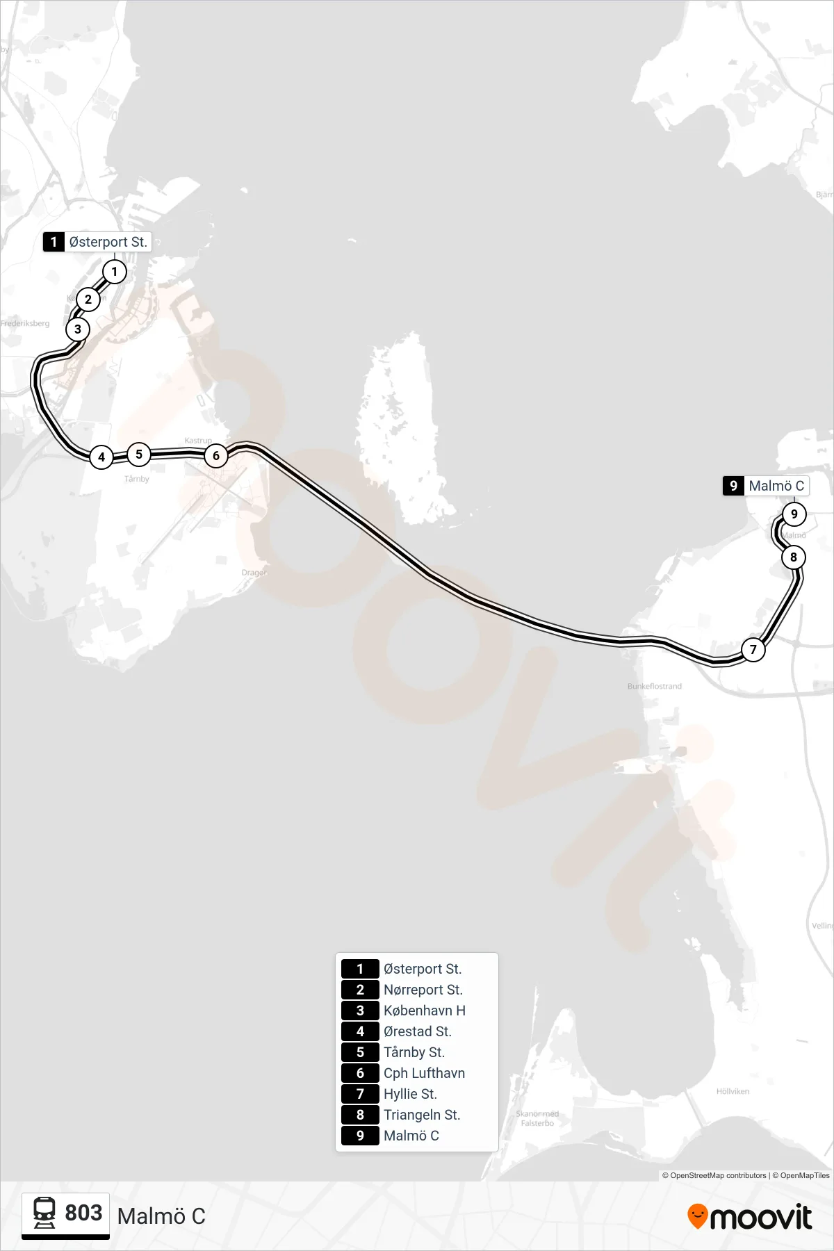 803 jernbane Linje (Malmö C) rute og stop på et kort