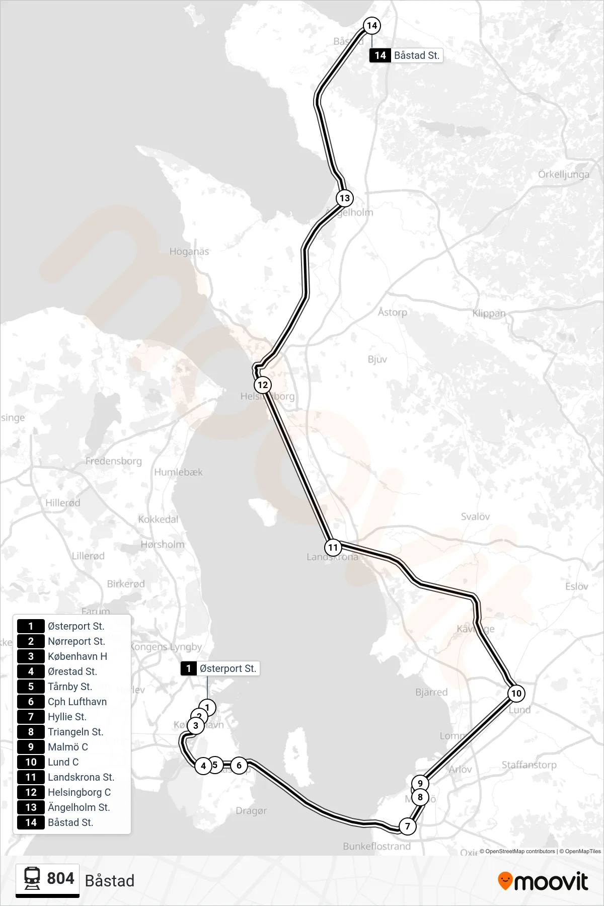 804 jernbane Linje (Båstad) rute og stop på et kort
