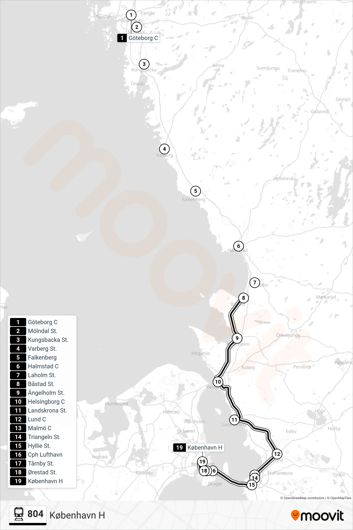 804 jernbane Linje (København H) rute og stop på et kort