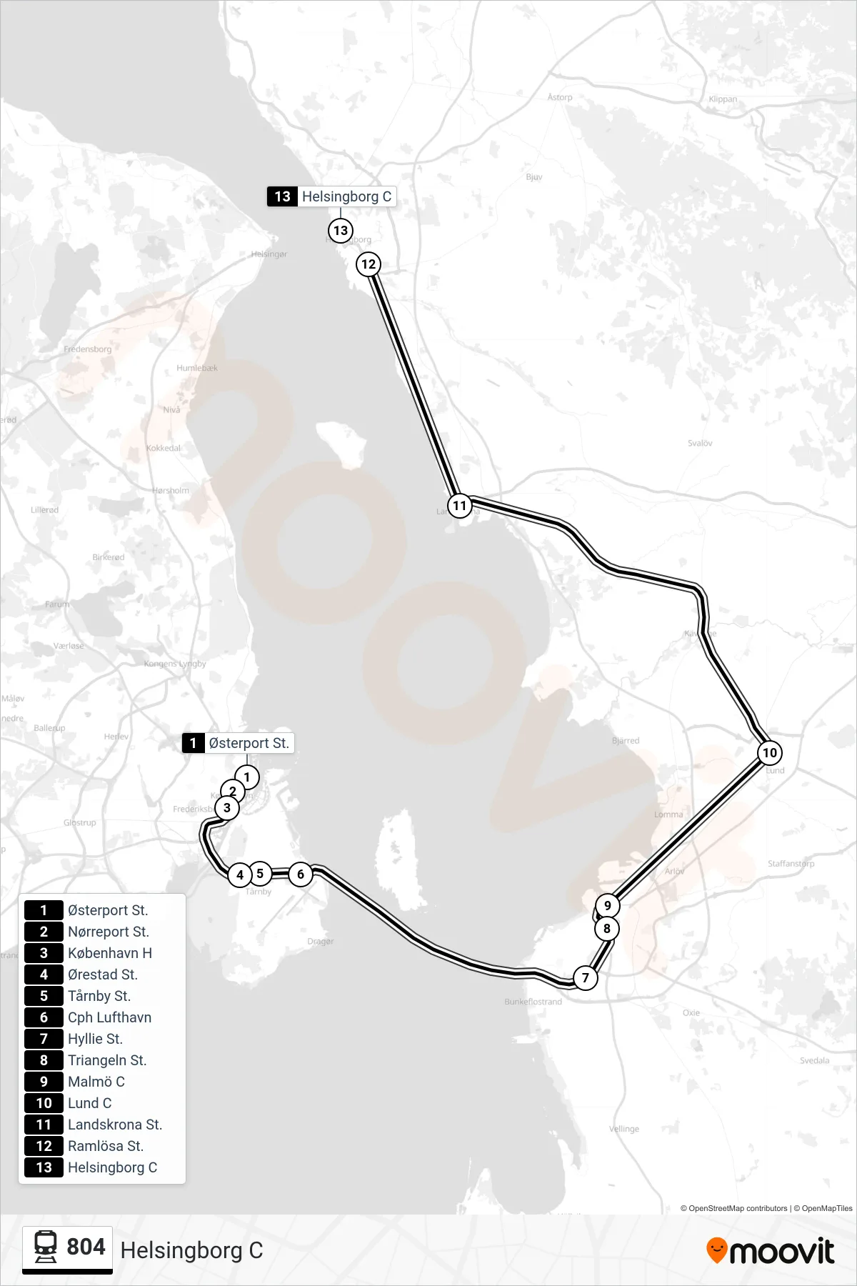 804 jernbane Linje (Helsingborg C) rute og stop på et kort
