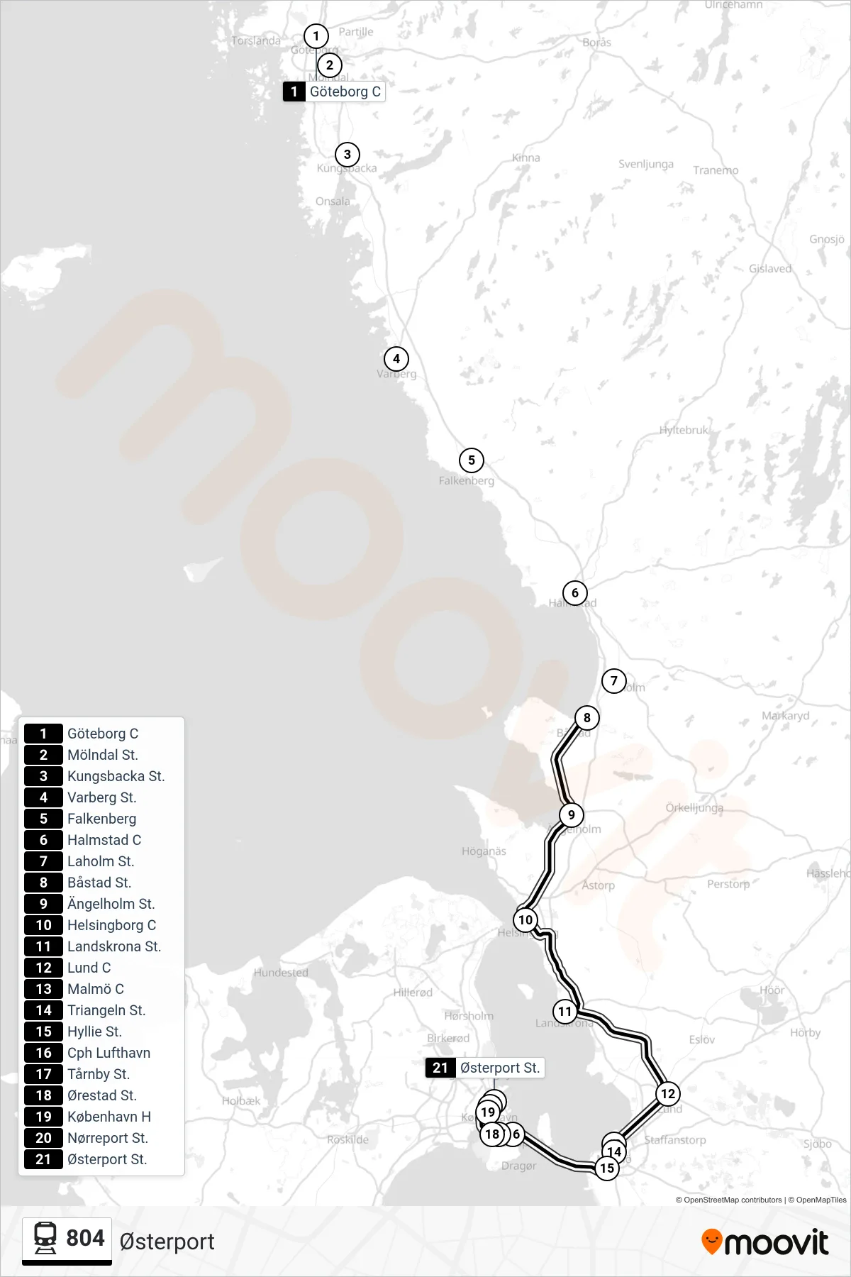 804 jernbane Linje (Østerport) rute og stop på et kort