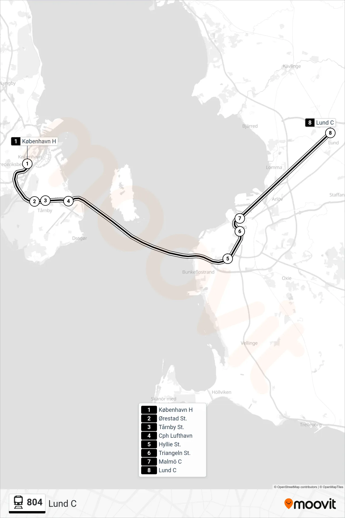 804 jernbane Linje (Lund C) rute og stop på et kort