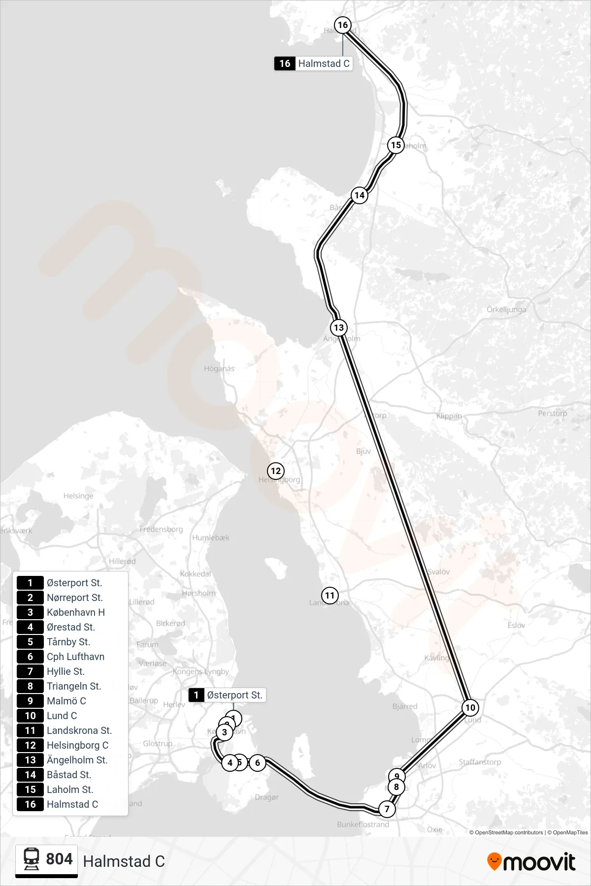 804 jernbane Linje (Halmstad C) rute og stop på et kort