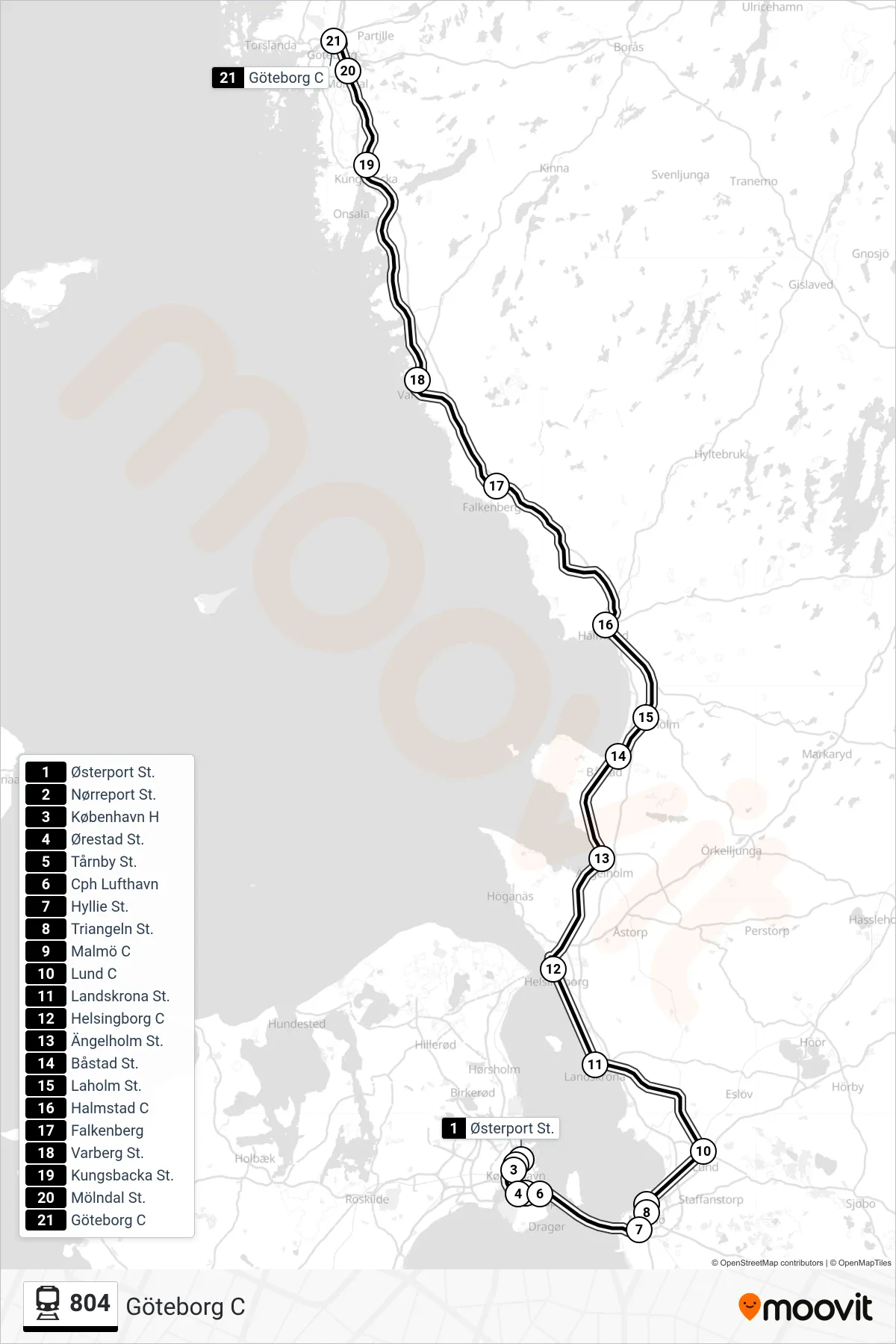 804 jernbane Linje (Göteborg C) rute og stop på et kort