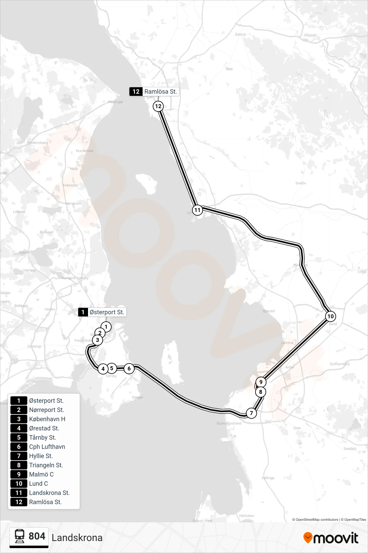 804 jernbane Linje (Landskrona) rute og stop på et kort