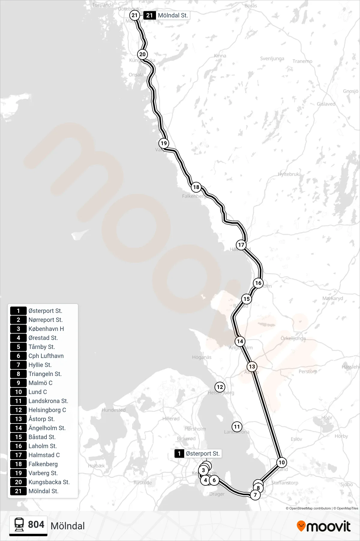 804 jernbane Linje (Mölndal) rute og stop på et kort