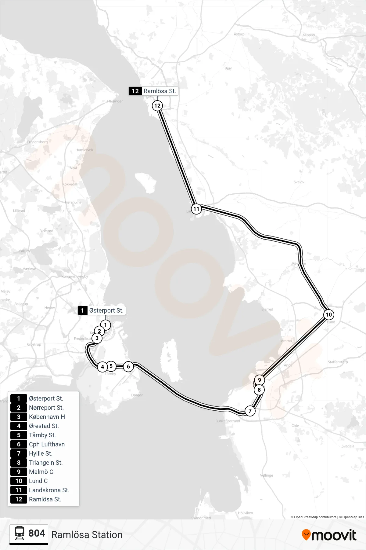 804 jernbane Linje (Ramlösa Station) rute og stop på et kort