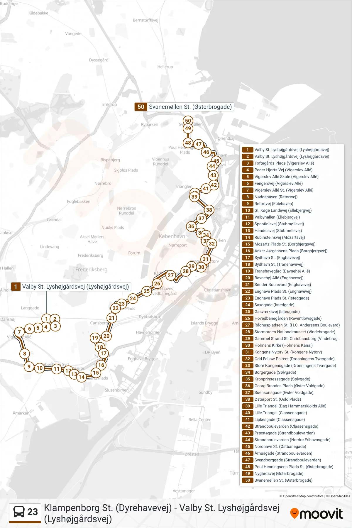 23 bus Linje (Svanemøllen St.) rute og stop på et kort