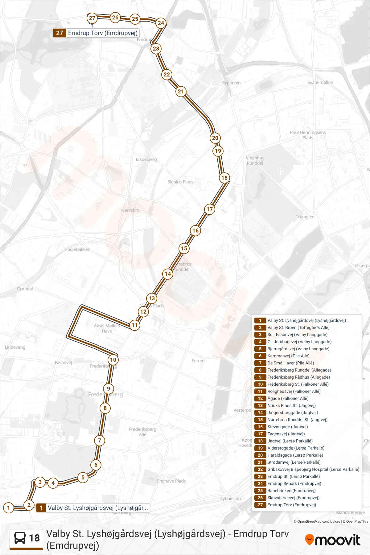 18 bus Linje (Emdrup Torv) rute og stop på et kort