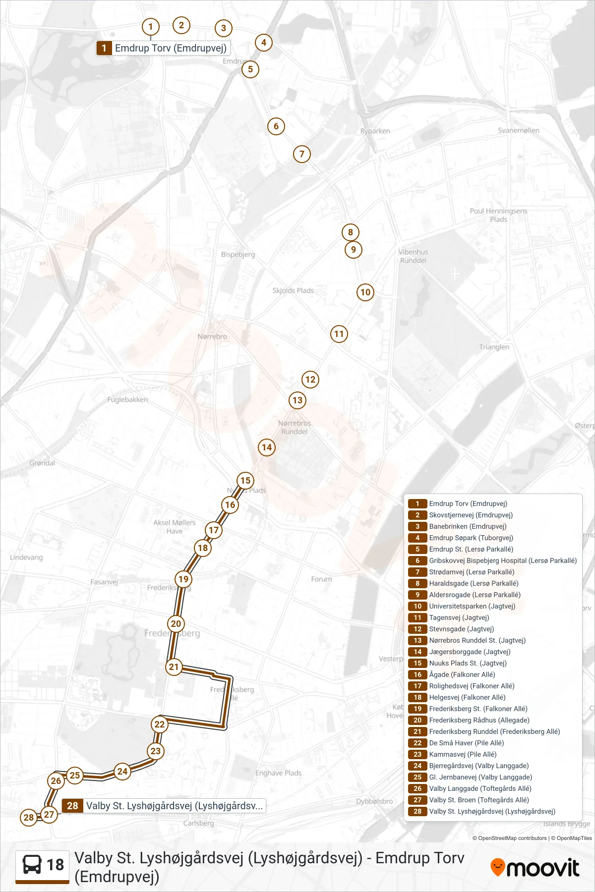 18 bus Line (Valby St.) route and stops on a map