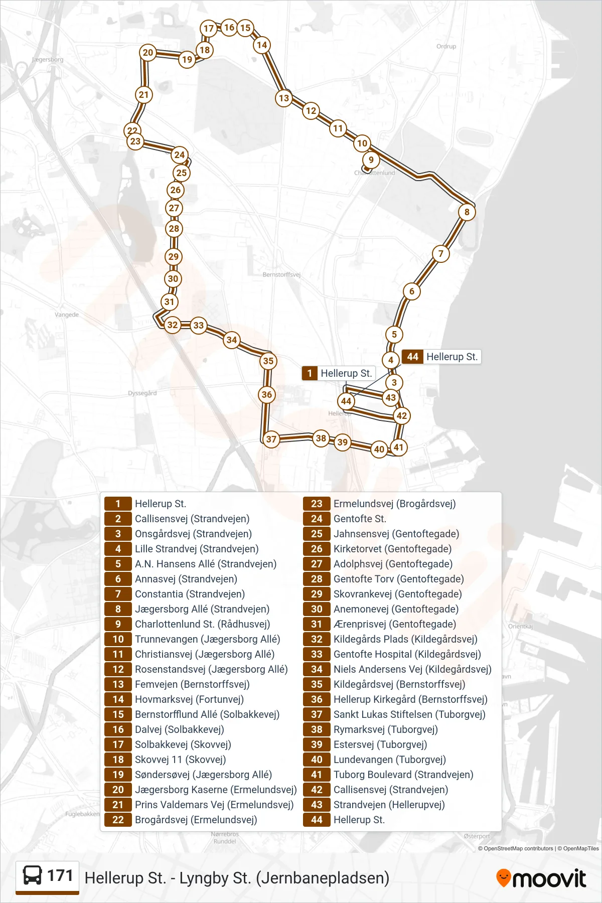 171 bus Linje (Hellerup St.) rute og stop på et kort