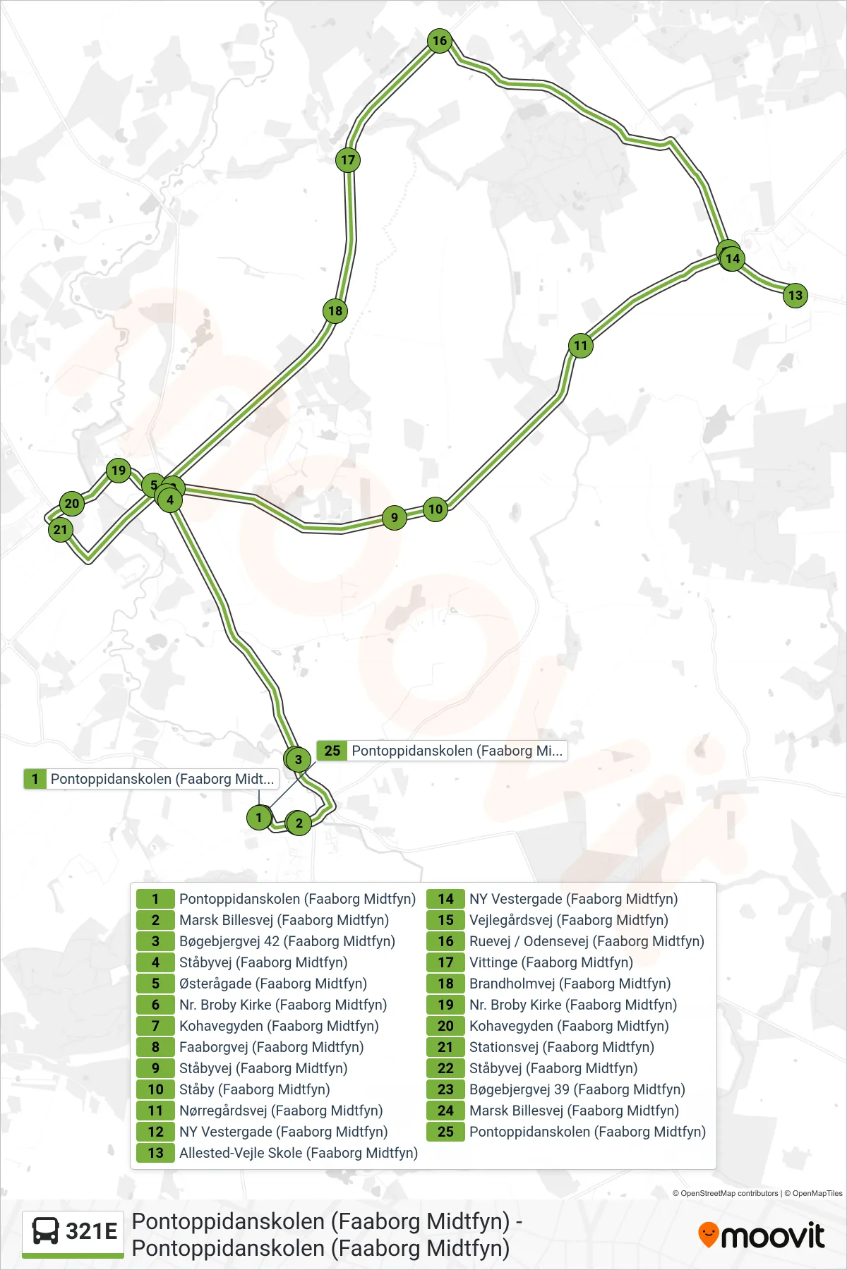 321E bus Linje (Brobyværk) rute og stop på et kort