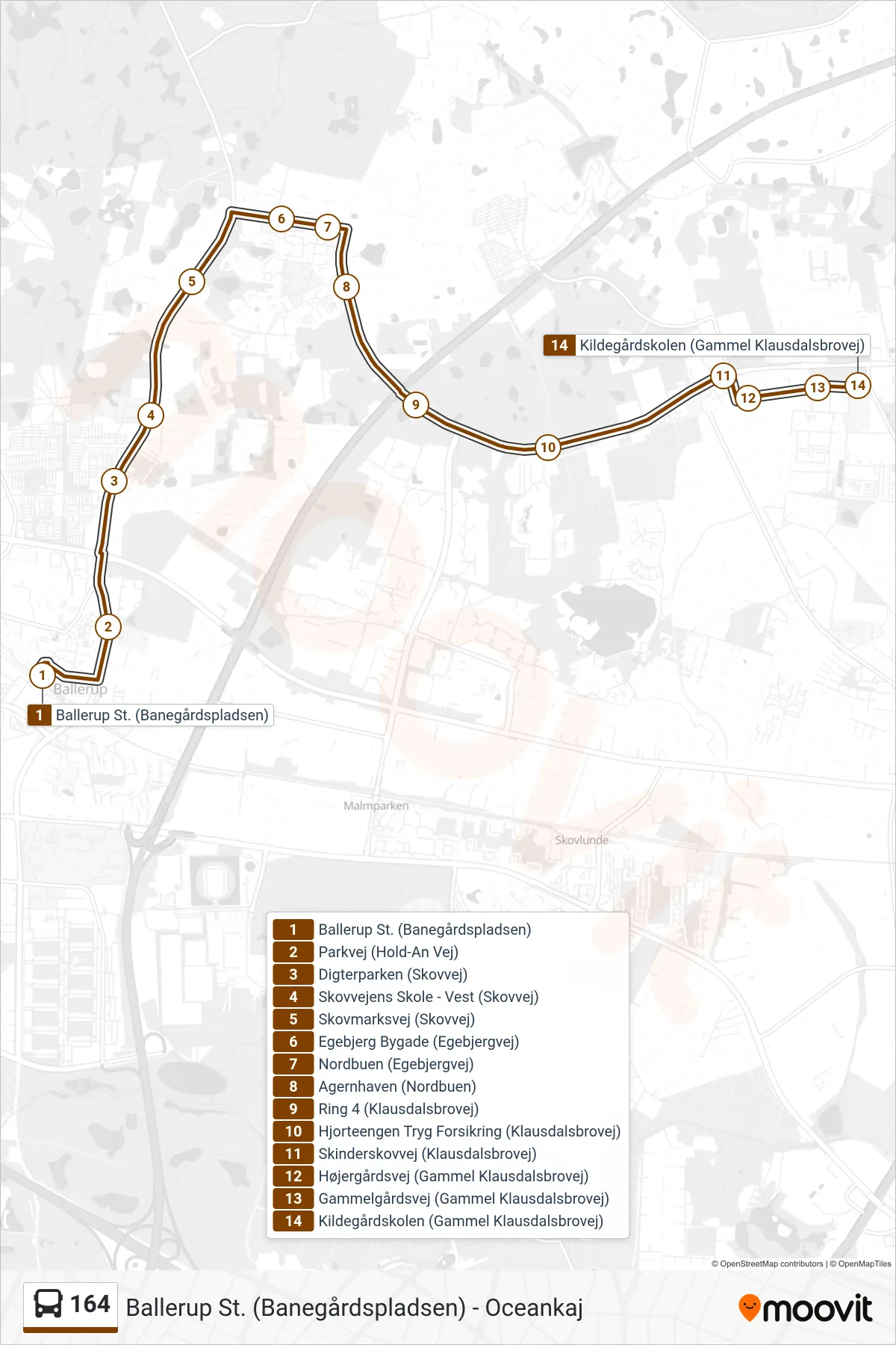 164 bus Linje (Kildegårdskolen) rute og stop på et kort
