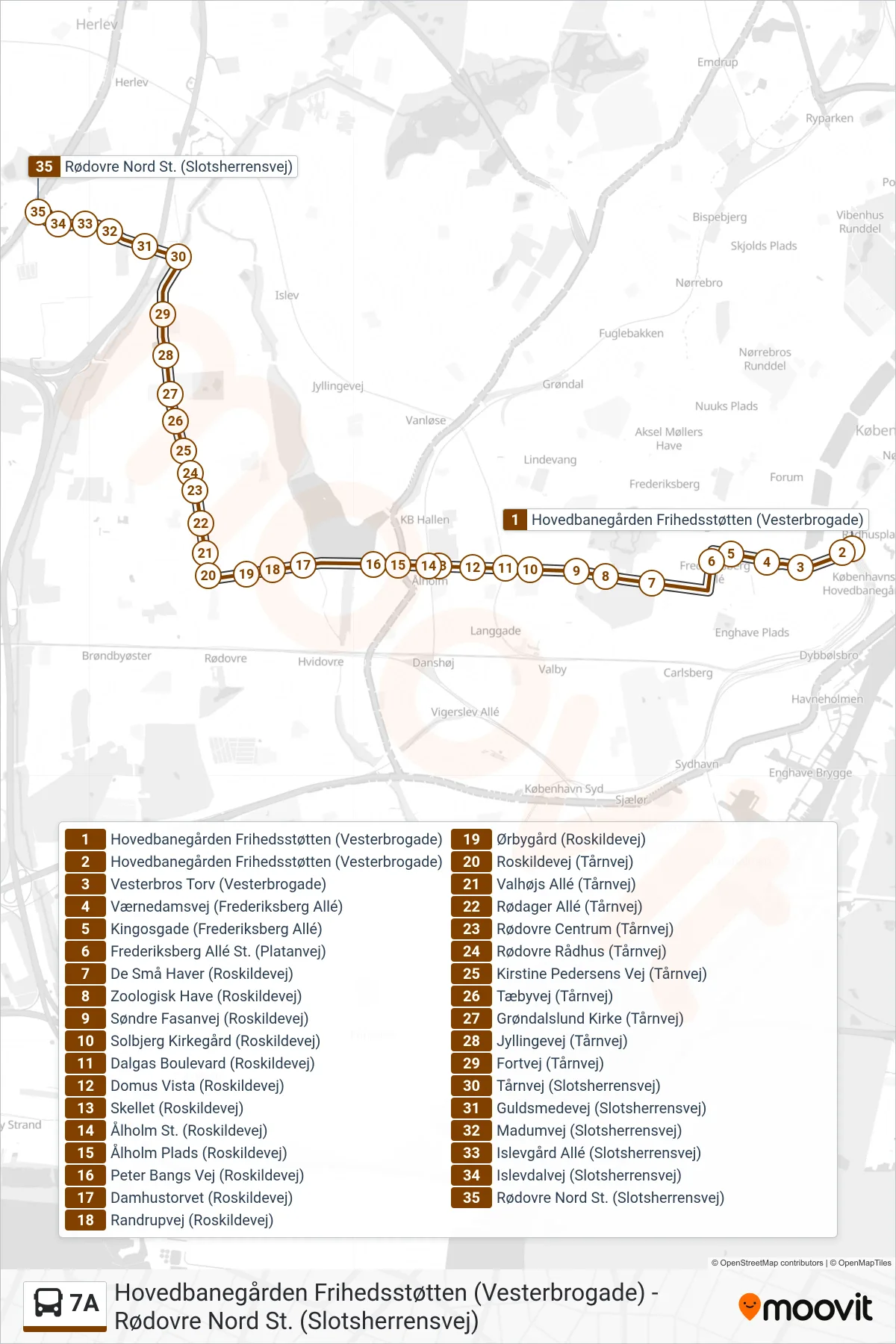 7A bus Linje (Rødovre Nord St.) rute og stop på et kort