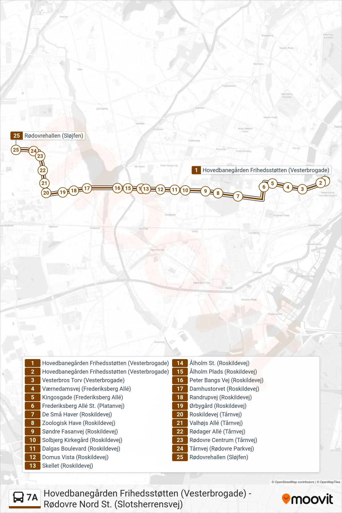 7A bus Linje (Rødovrehallen) rute og stop på et kort