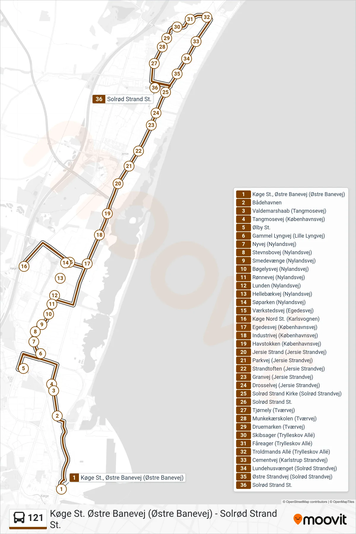 121 bus Linje (Solrød Strand St.) rute og stop på et kort
