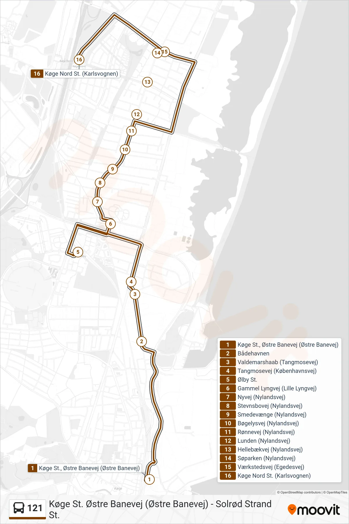 121 bus Linje (Køge Nord St.) rute og stop på et kort