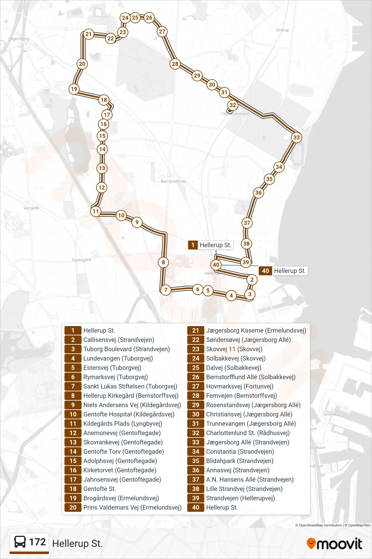 172 bus Linje (Hellerup St.) rute og stop på et kort