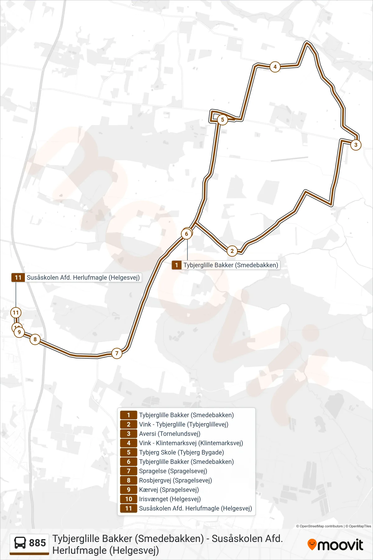 885 bus Linje (Susåsk Herlufmag) rute og stop på et kort