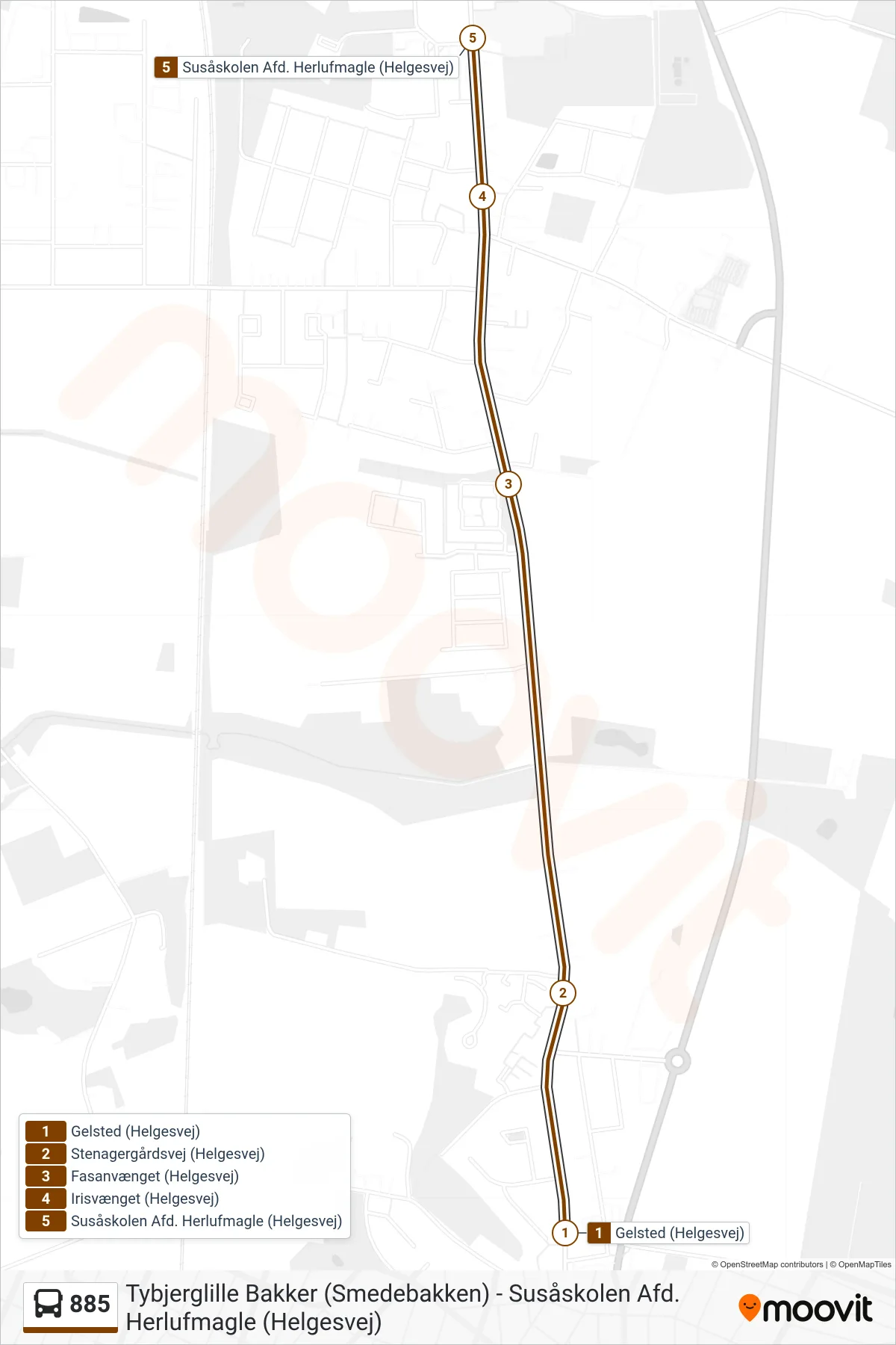 885 bus Linje (Susåsk Herlufmag) rute og stop på et kort