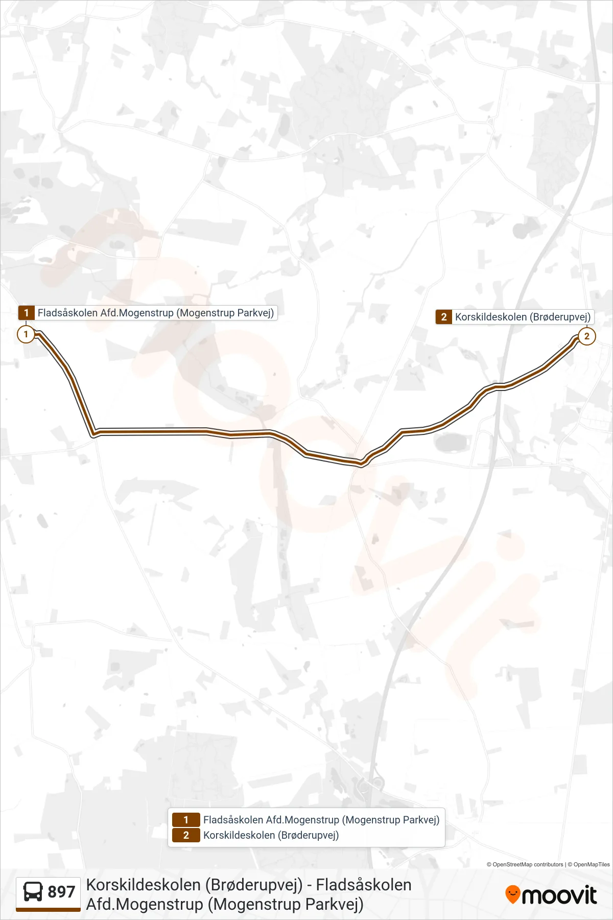 897 bus Linje (Brøderup) rute og stop på et kort