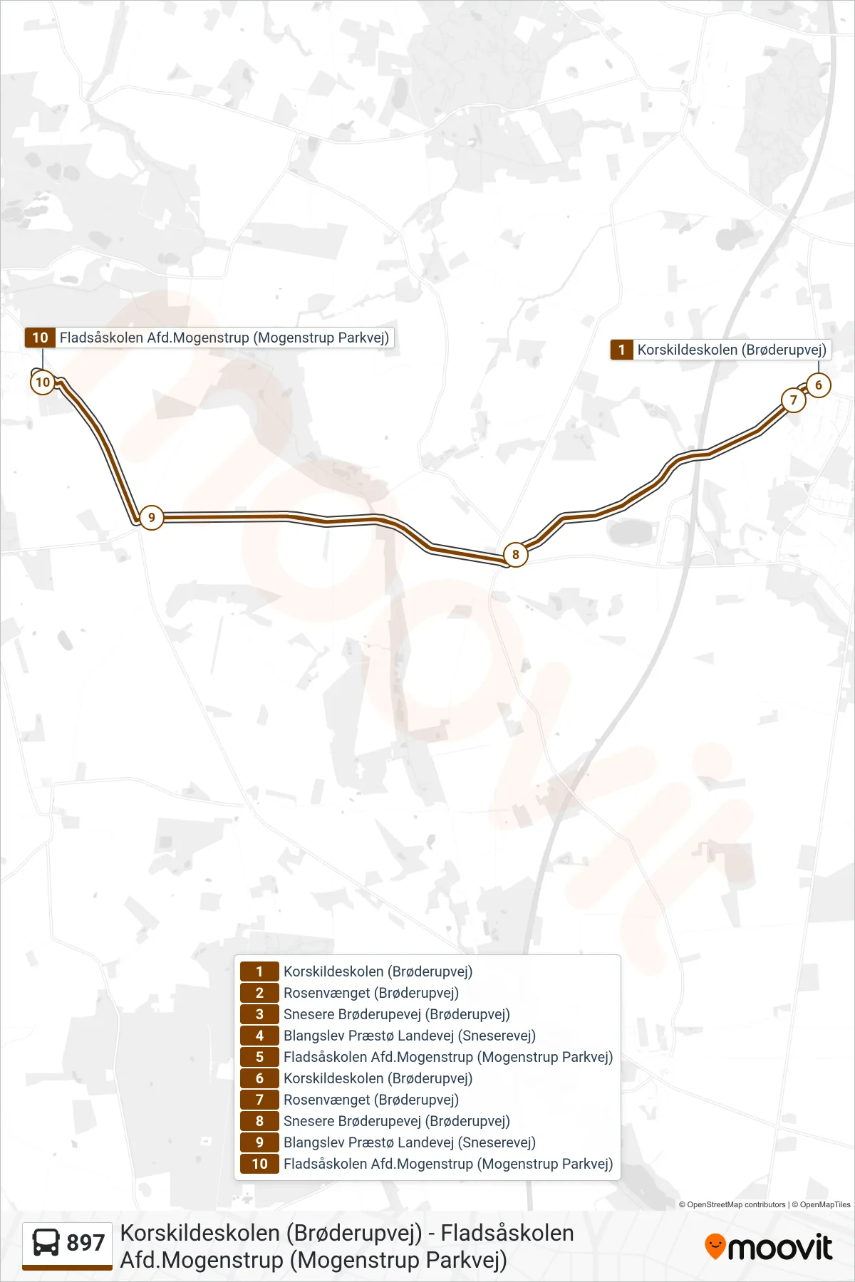 897 bus Linje (Fladsåskolen Afd.Mogenstrup) rute og stop på et kort