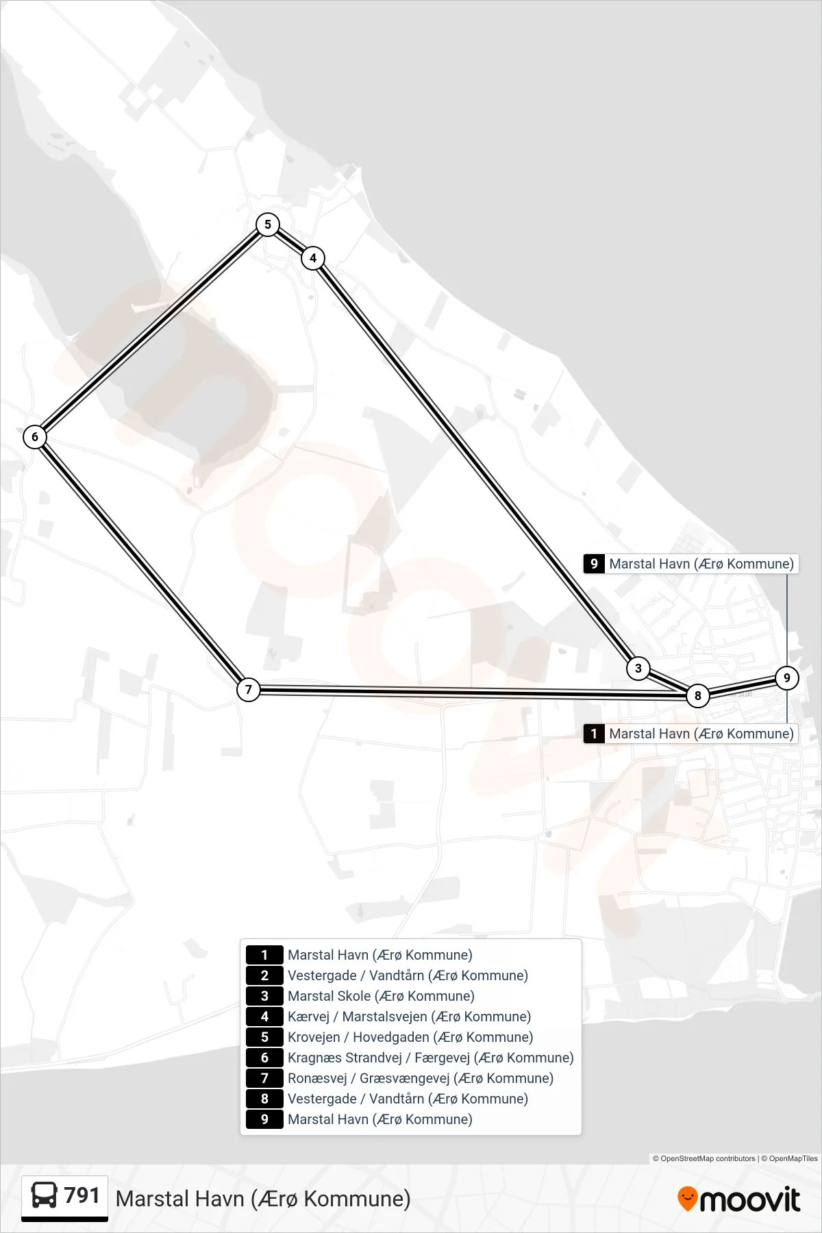 791 bus Linje (Marstal Havn (Ærø Kommune)) rute og stop på et kort