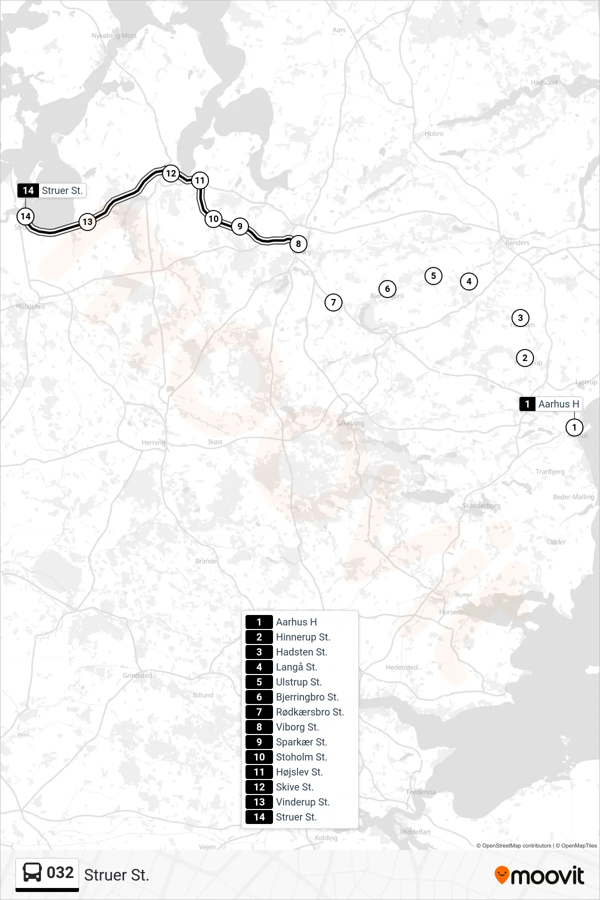 032 bus Linje (Struer St.) rute og stop på et kort
