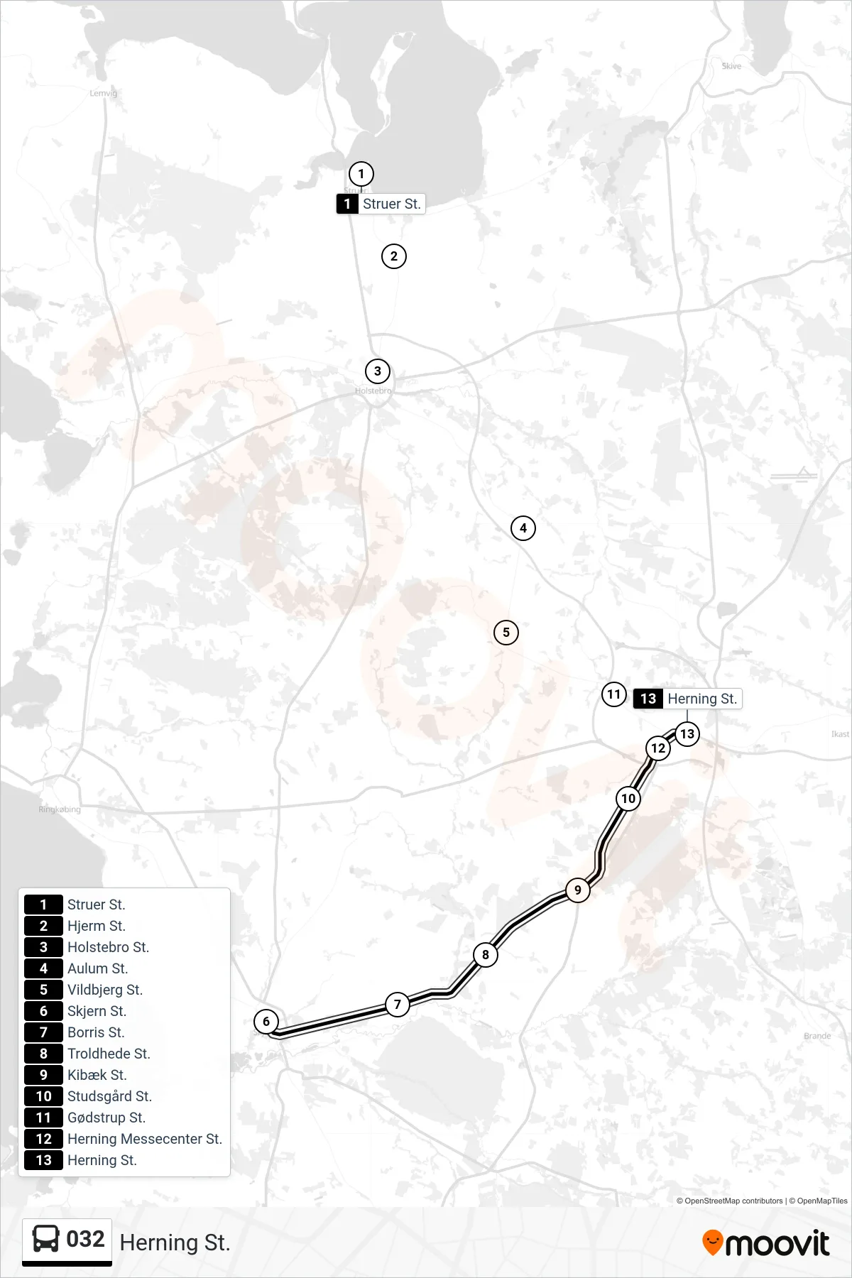 032 bus Linje (Herning St.) rute og stop på et kort