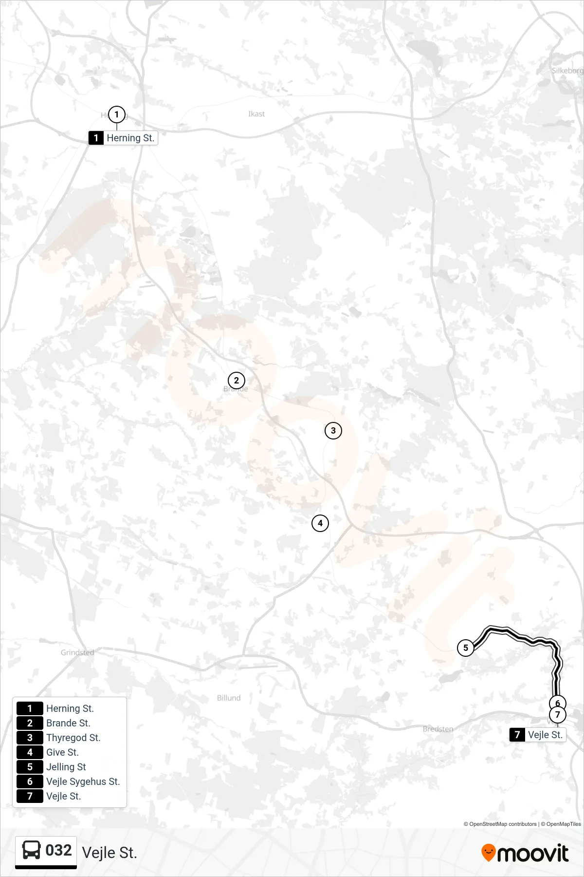 032 bus Linje (Vejle St.) rute og stop på et kort