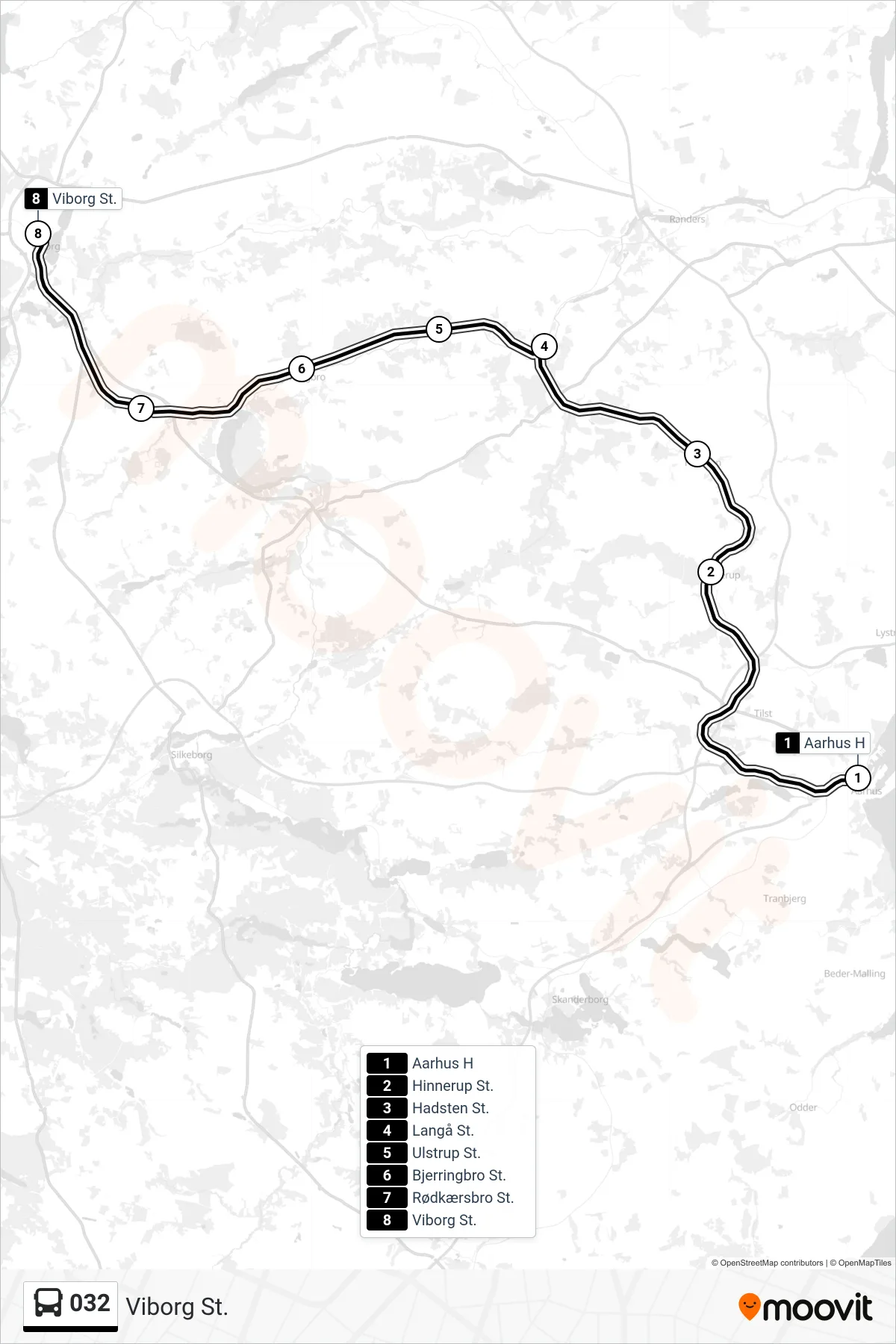 032 bus Linje (Viborg St.) rute og stop på et kort