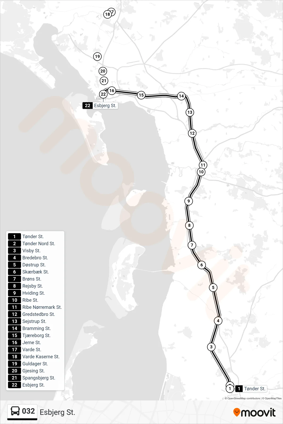 032 bus Linje (Esbjerg St.) rute og stop på et kort