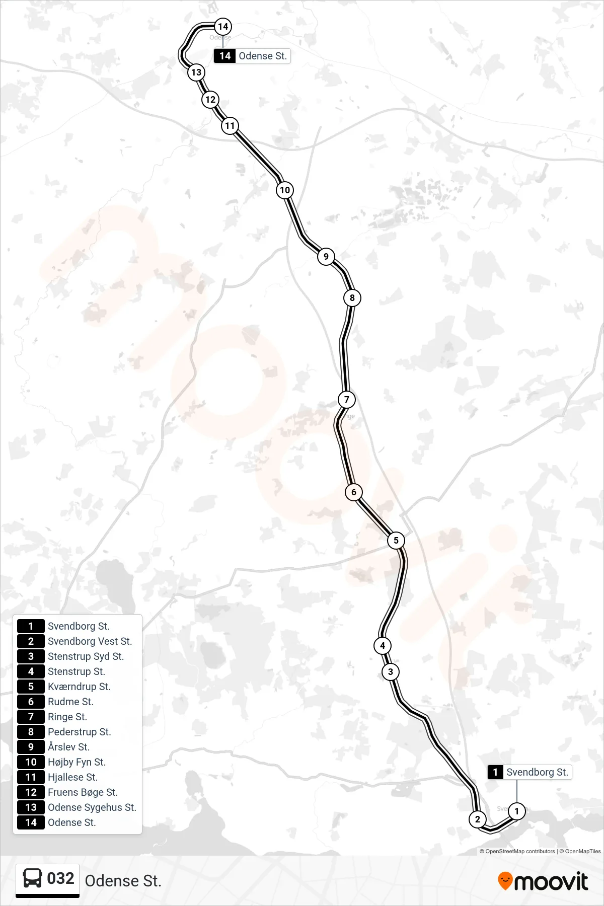 032 bus Linje (Odense St.) rute og stop på et kort