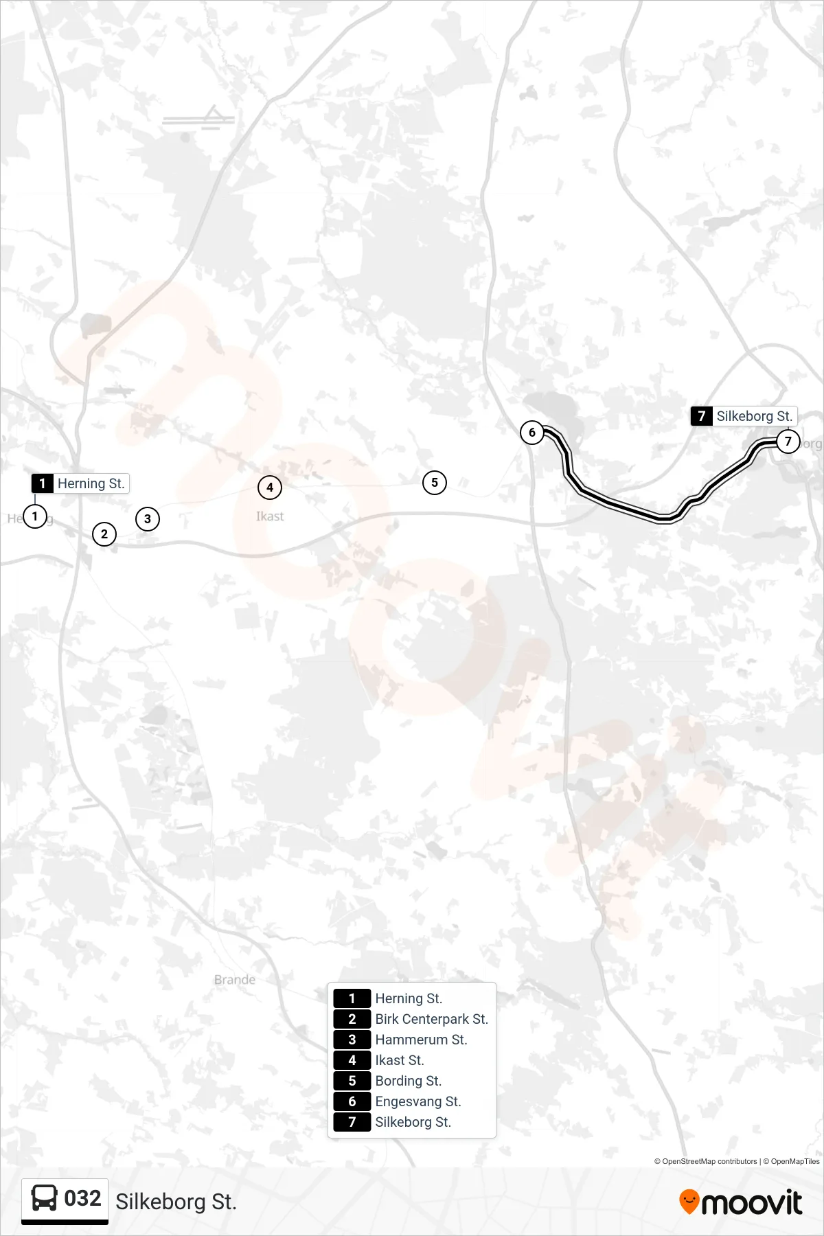 032 bus Linje (Silkeborg St.) rute og stop på et kort