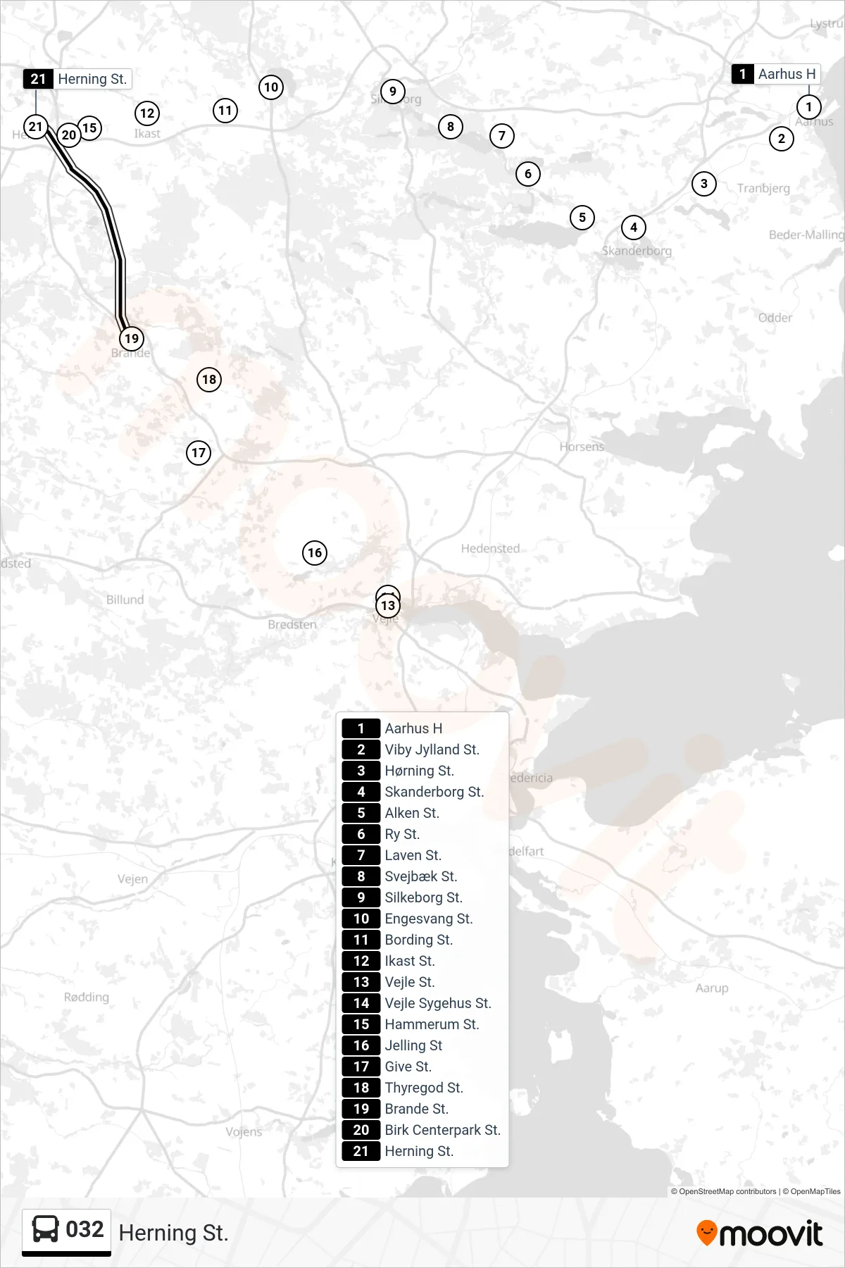032 bus Linje (Herning St.) rute og stop på et kort