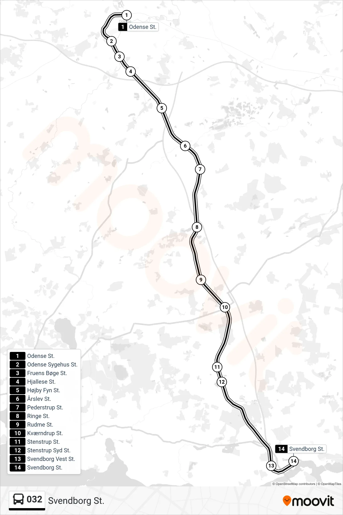 032 bus Linje (Svendborg St.) rute og stop på et kort