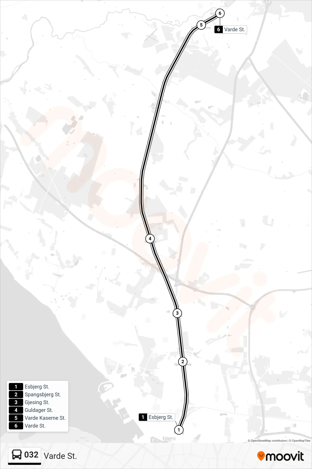 032 bus Linje (Varde St.) rute og stop på et kort