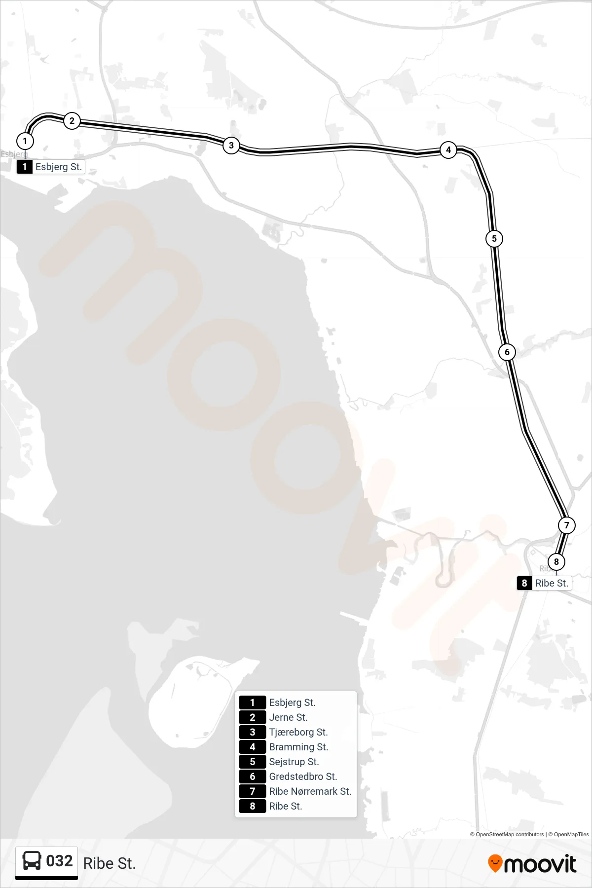 032 bus Linje (Ribe St.) rute og stop på et kort