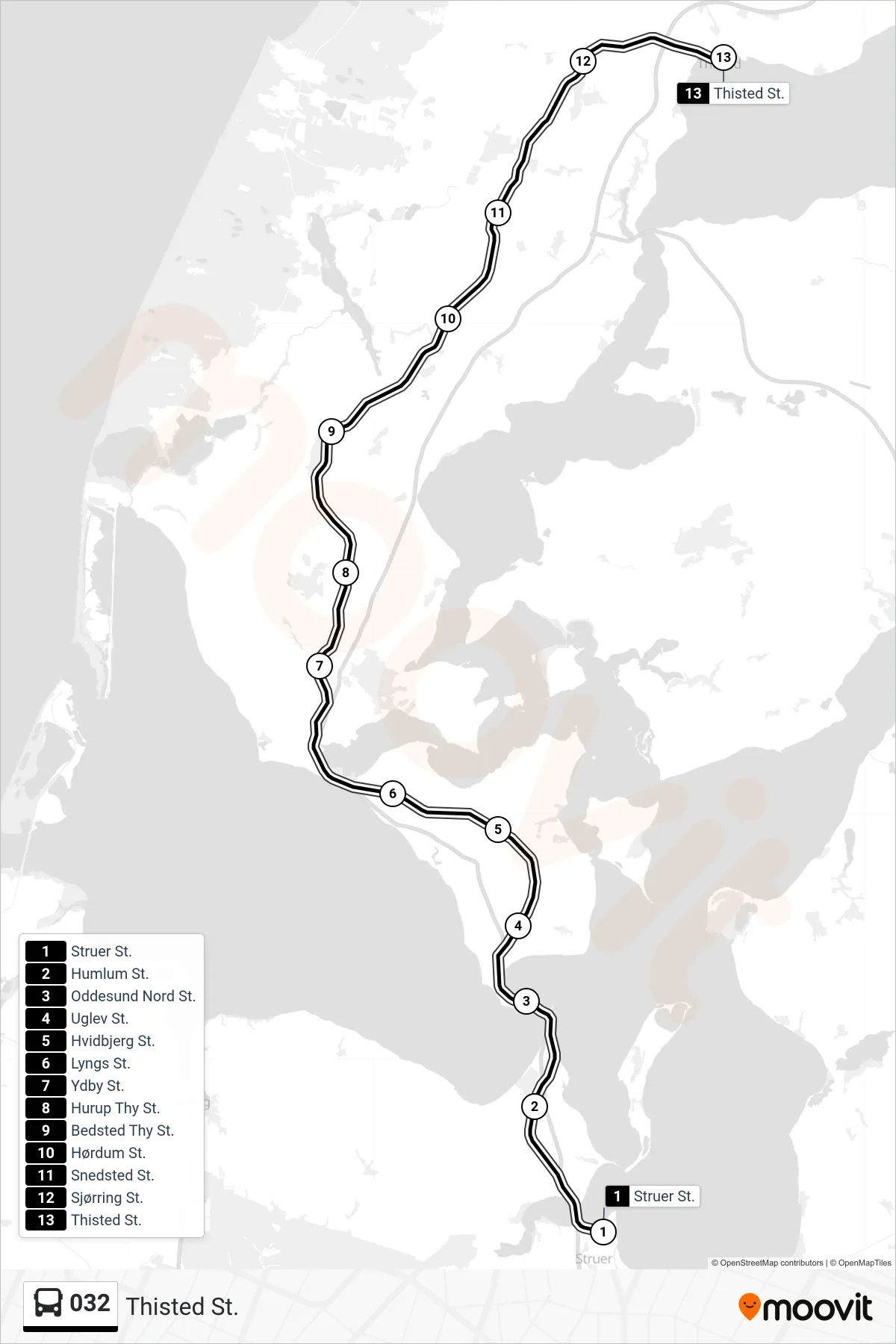 032 bus Linje (Thisted St.) rute og stop på et kort