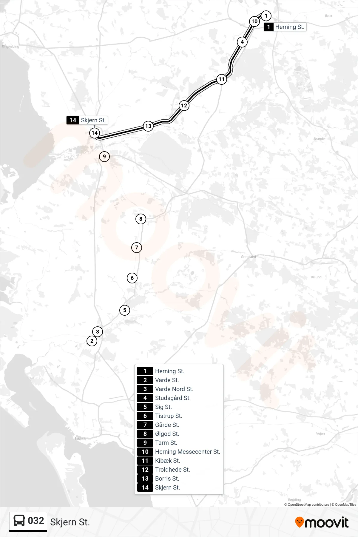 032 bus Linje (Skjern St.) rute og stop på et kort