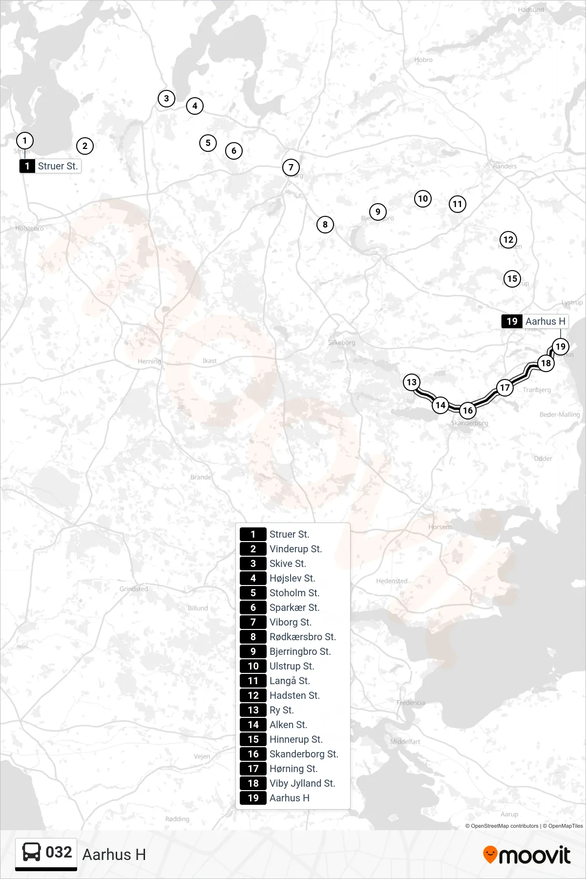 032 bus Linje (Aarhus H) rute og stop på et kort