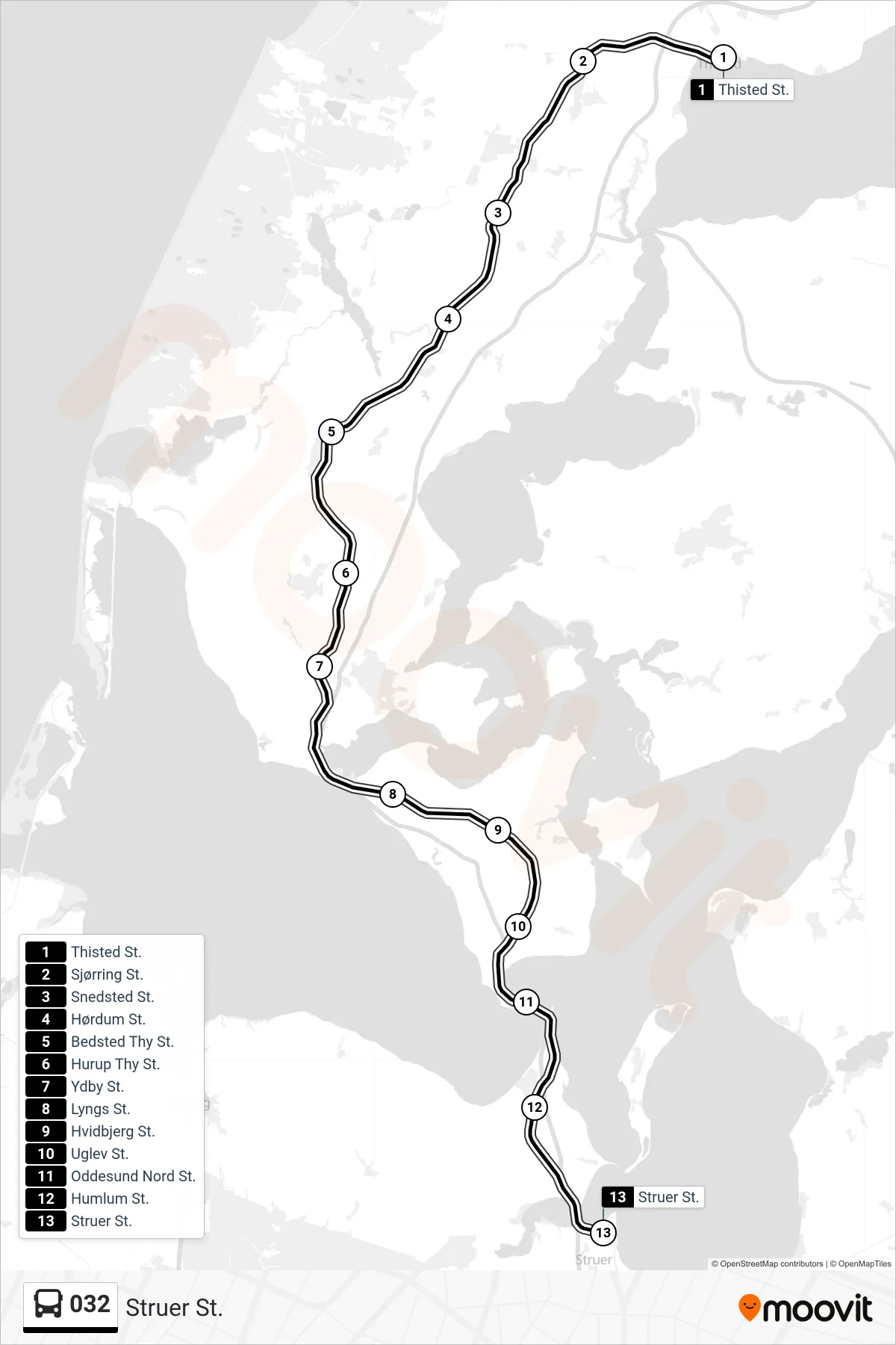 032 bus Linje (Struer St.) rute og stop på et kort