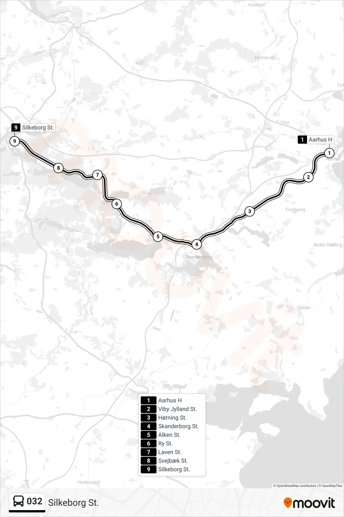 032 bus Linje (Silkeborg St.) rute og stop på et kort