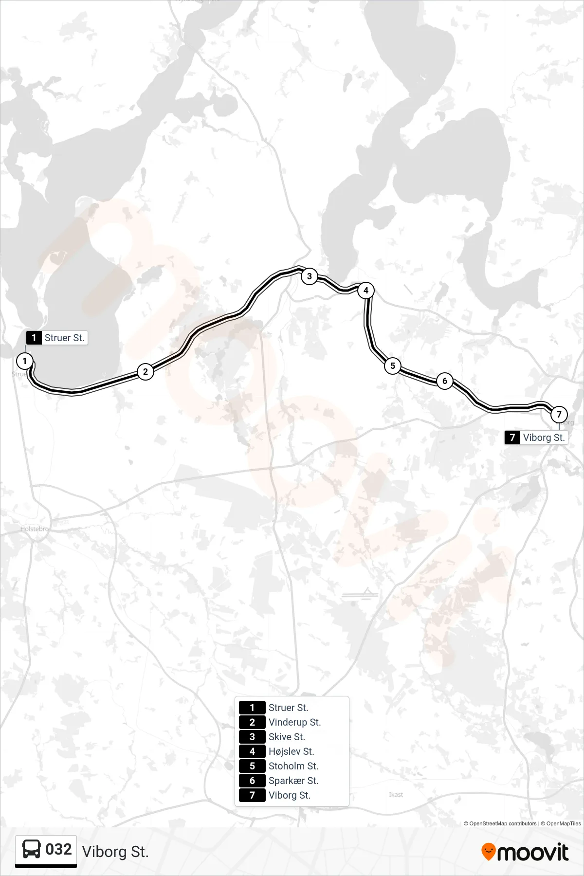 032 bus Linje (Viborg St.) rute og stop på et kort