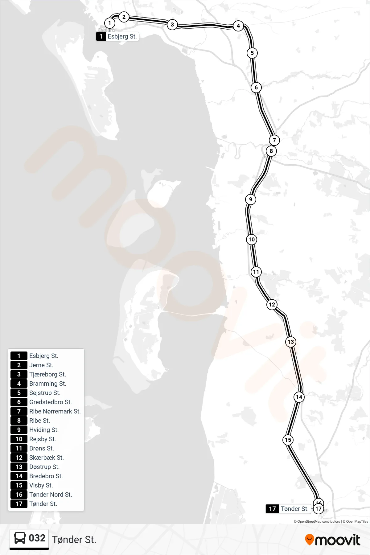 032 bus Linje (Tønder St.) rute og stop på et kort