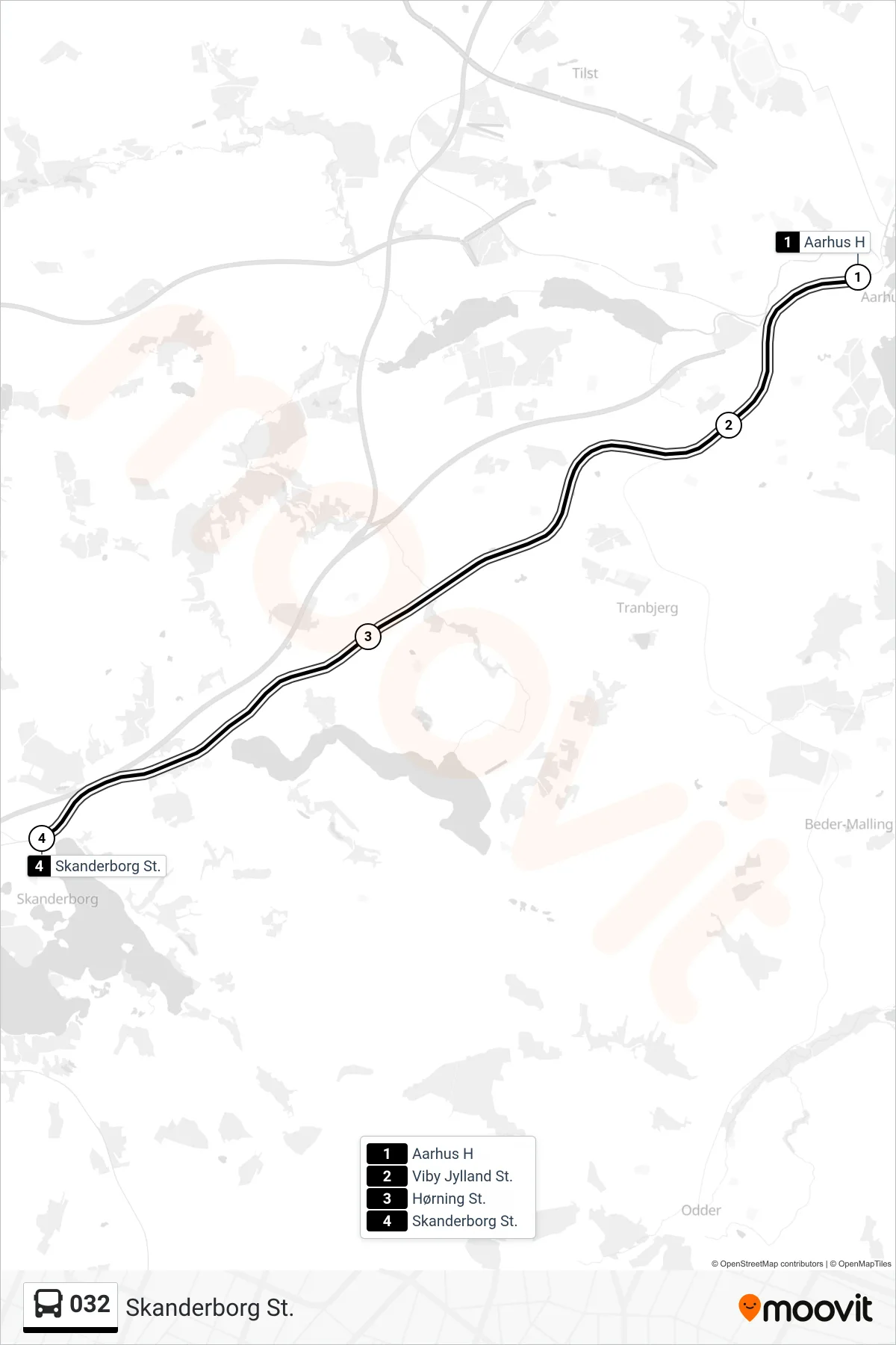032 bus Linje (Skanderborg St.) rute og stop på et kort
