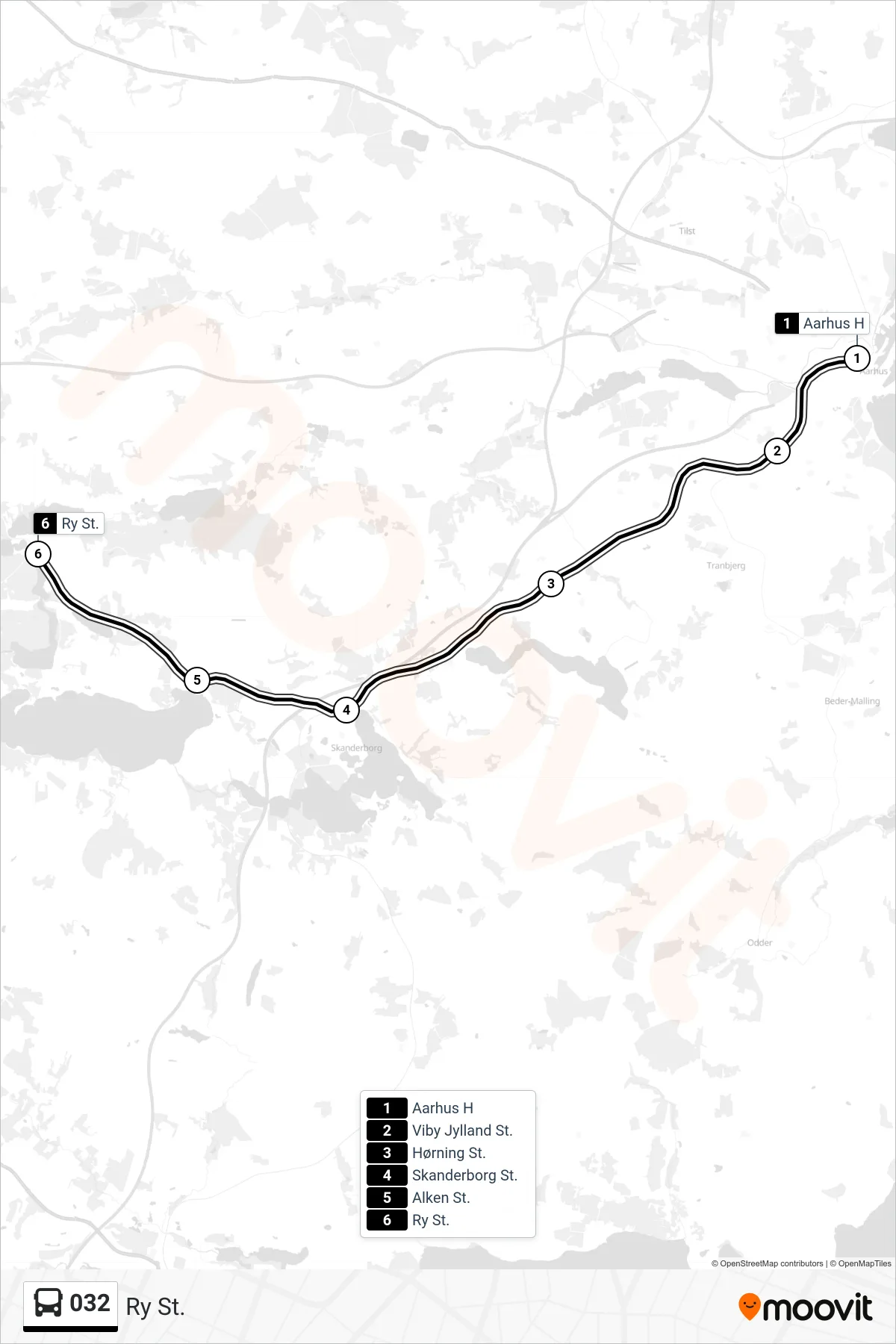 032 bus Linje (Ry St.) rute og stop på et kort