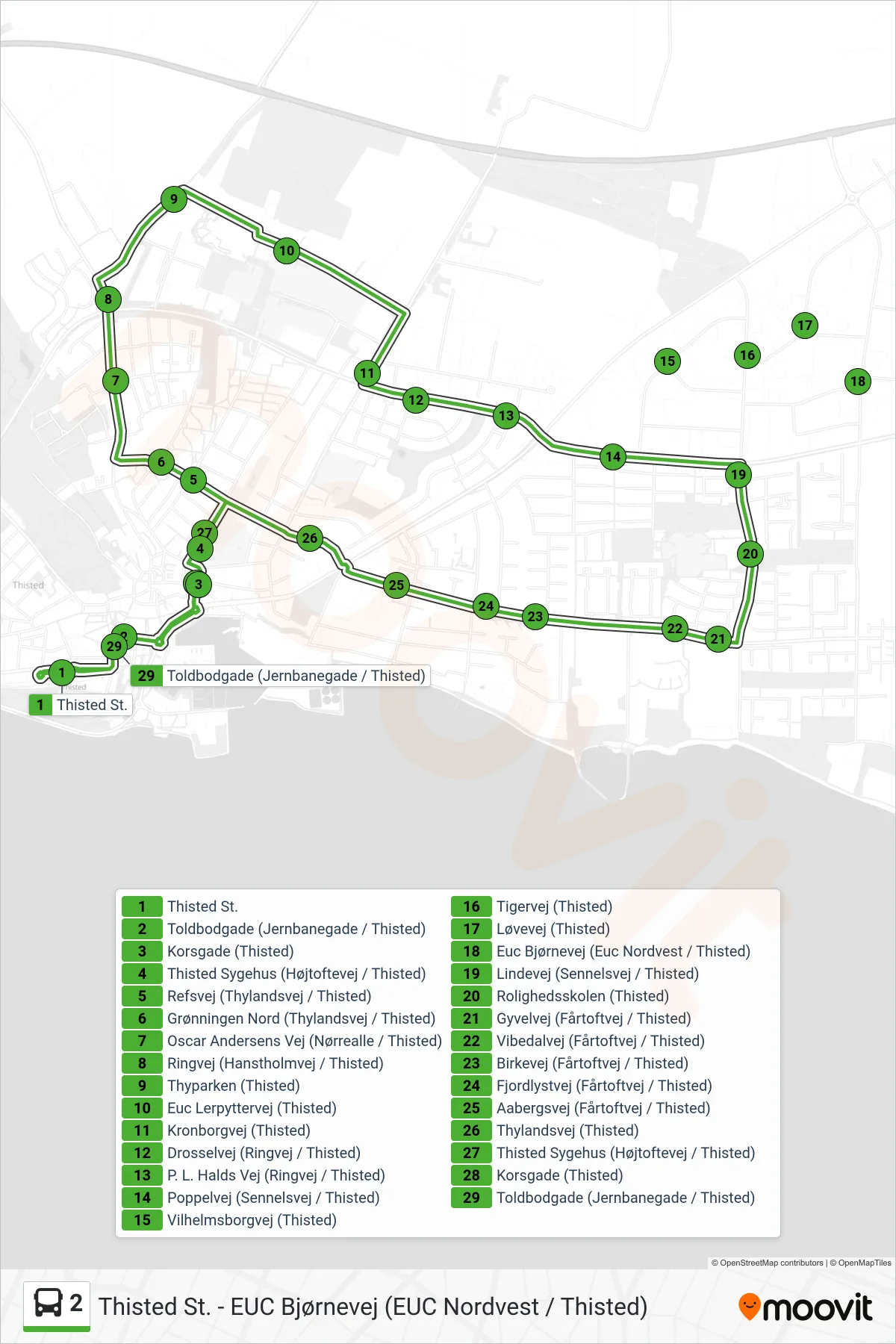2 bus Linje (Thisted St.) rute og stop på et kort