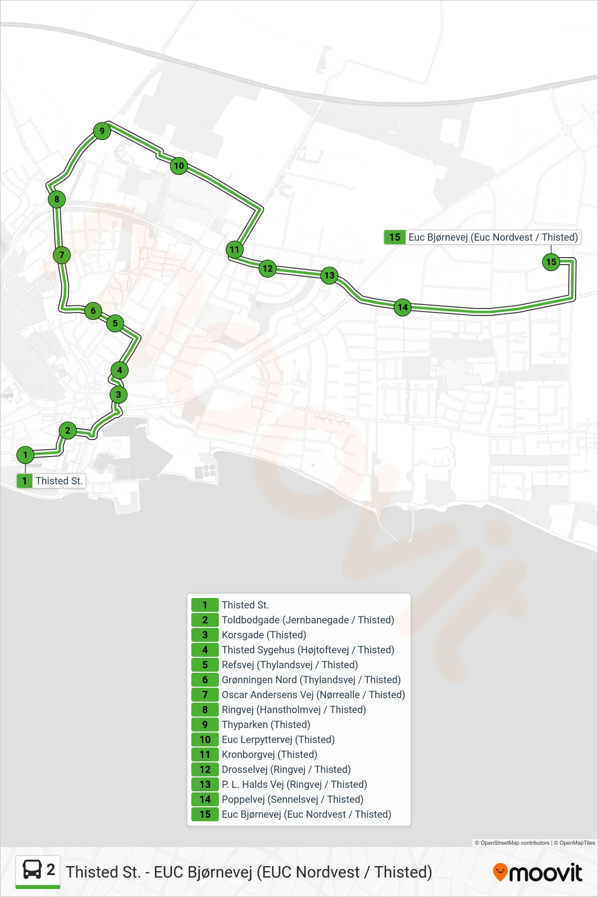2 bus Linje (Euc Bjørnevej Via Sygehus - Lerpyttervej) rute og stop på et kort